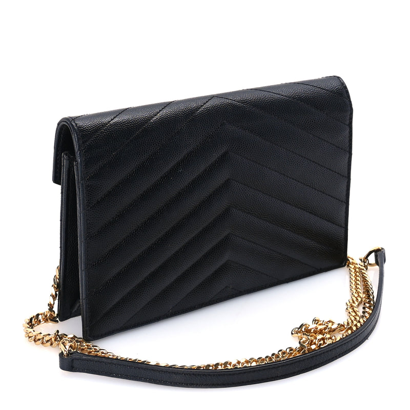  Saint Laurent Grain De Poudre Matelasse Chevron Monogram Envelope Chain Wallet Black