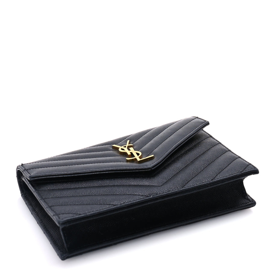 Saint Laurent Grain De Poudre Matelasse Chevron Monogram Envelope Chain Wallet Black Image 3