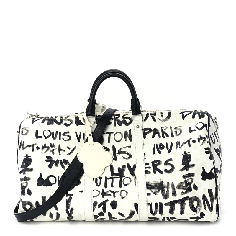  Louis Vuitton Calfskin Damier Scribble Keepall Bandouliere 50  Black White