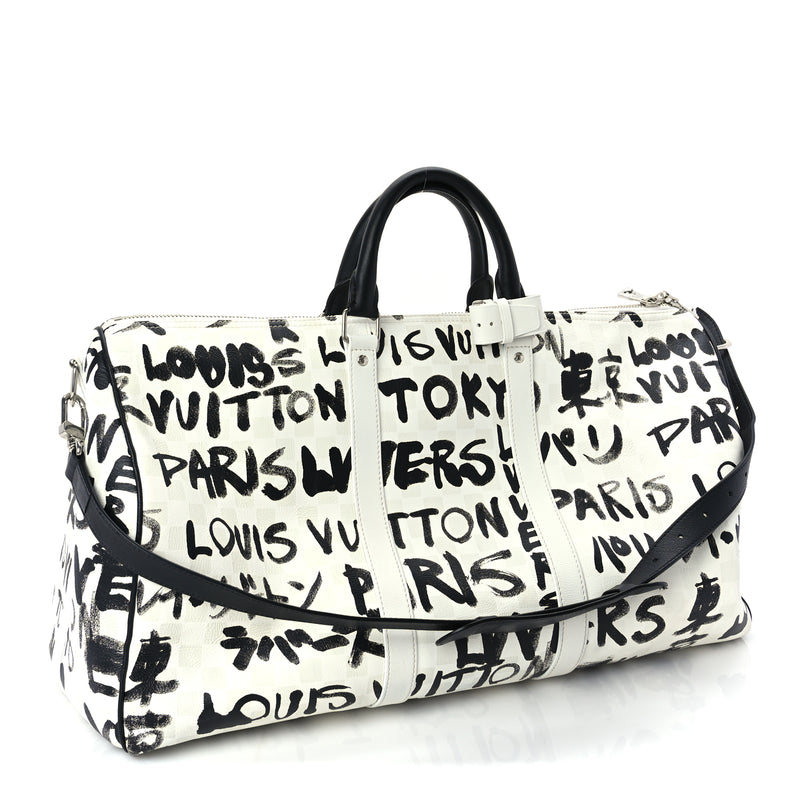  Louis Vuitton Calfskin Damier Scribble Keepall Bandouliere 50  Black White