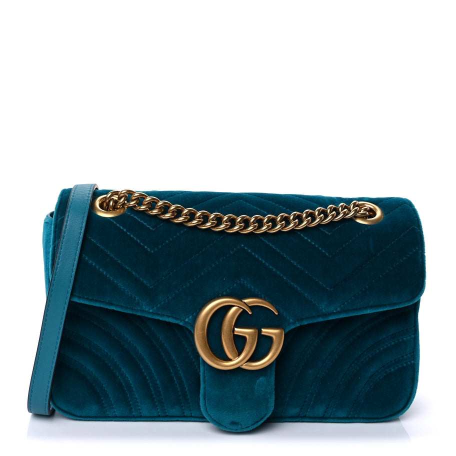Gucci Velvet Matelasse Small GG Marmont Shoulder Bag  Pavone Cyan Image 1