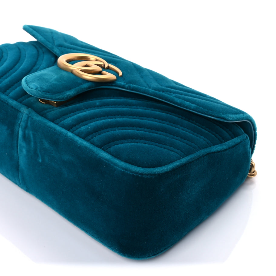 Gucci Velvet Matelasse Small GG Marmont Shoulder Bag  Pavone Cyan Image 8