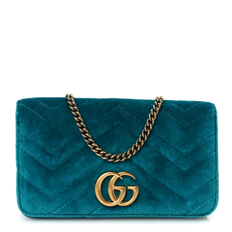  Gucci Velvet Matelasse GG Marmont Mini Bag Pavone Cyan