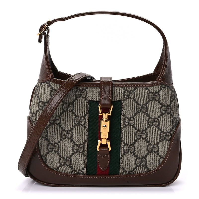  Gucci GG Supreme Monogram Azalea Calfskin Web Mini Jackie 1961 Hobo  Beige Ebony Brown Sugar