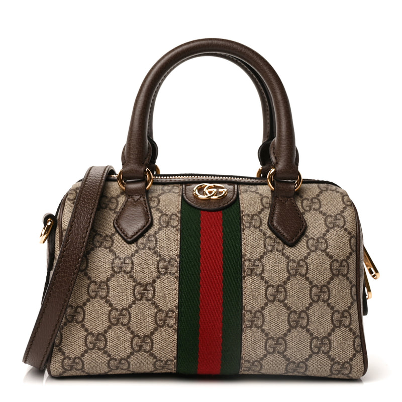  Gucci GG Supreme Monogram Textured Dollar Calfskin Web Mini Ophidia Top Handle Bag Beige Ebony New Acero