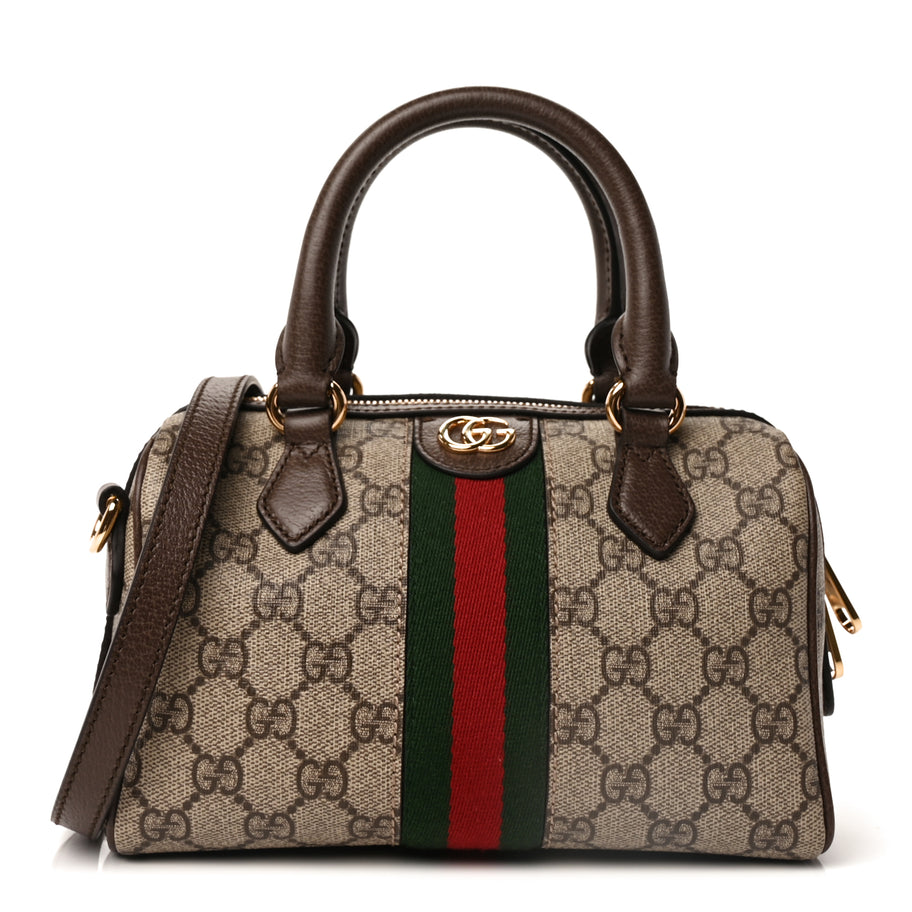 Gucci GG Supreme Monogram Textured Dollar Calfskin Web Mini Ophidia Top Handle Bag Beige Ebony New Acero Image 2