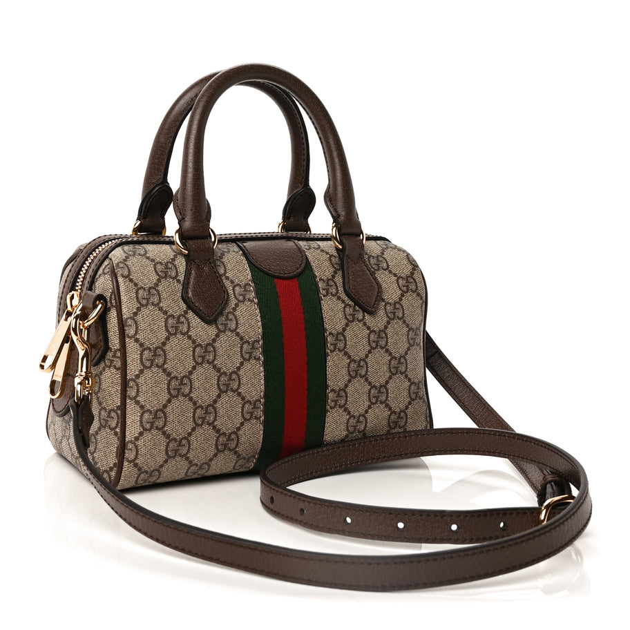 Gucci GG Supreme Monogram Textured Dollar Calfskin Web Mini Ophidia Top Handle Bag Beige Ebony New Acero Image 3