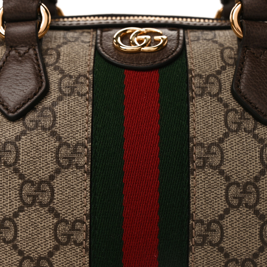 Gucci GG Supreme Monogram Textured Dollar Calfskin Web Mini Ophidia Top Handle Bag Beige Ebony New Acero Image 7