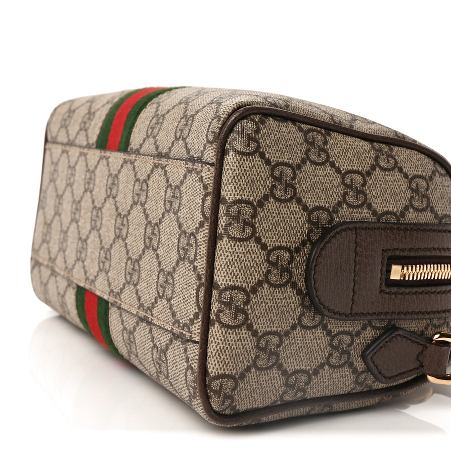 Gucci GG Supreme Monogram Textured Dollar Calfskin Web Mini Ophidia Top Handle Bag Beige Ebony New Acero Image 9