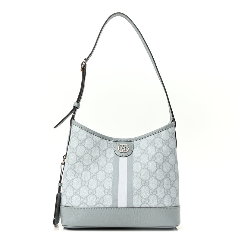  Gucci GG Supreme Monogram Textured Dollar Calfskin Web Small Ophidia Bucket Shoulder Bag Dusty Blue