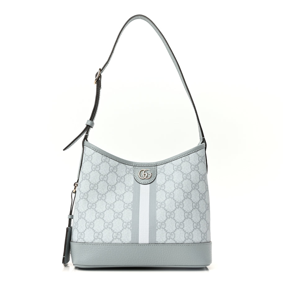 Gucci GG Supreme Monogram Textured Dollar Calfskin Web Small Ophidia Bucket Shoulder Bag Dusty Blue Image 2