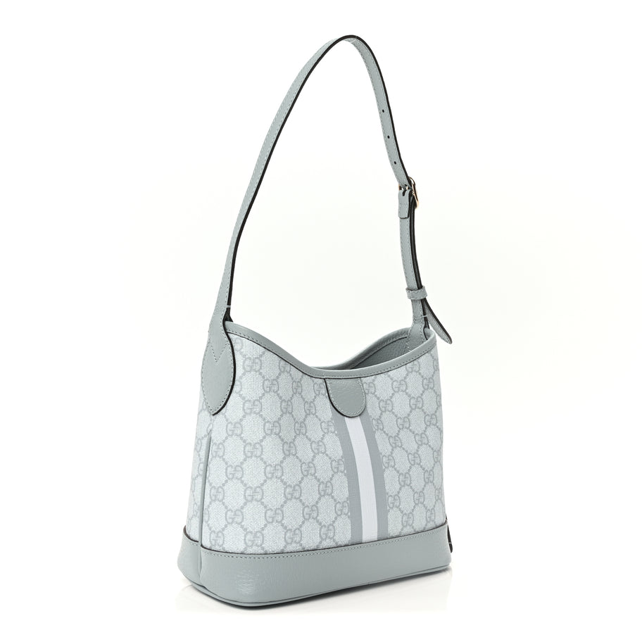 Gucci GG Supreme Monogram Textured Dollar Calfskin Web Small Ophidia Bucket Shoulder Bag Dusty Blue Image 3