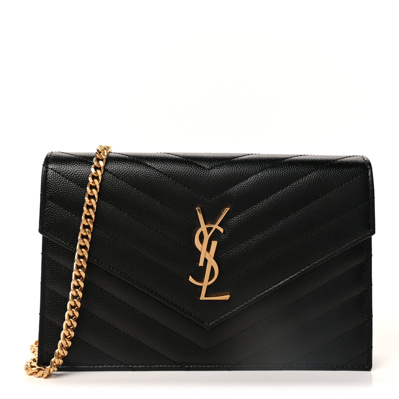  Saint Laurent Grain De Poudre Matelasse Chevron Monogram Envelope Chain Wallet Black