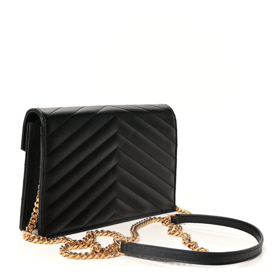 Saint Laurent Grain De Poudre Matelasse Chevron Monogram Envelope Chain Wallet Black Image 3