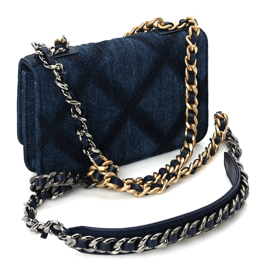 Chanel Denim Quilted 19 Wallet On Chain WOC  Blue Image 3