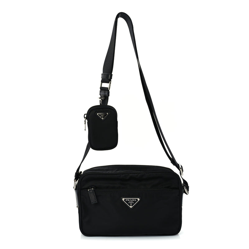  Prada Re-Nylon Vela Saffiano Pocket Double Zip Shoulder Bag  Black