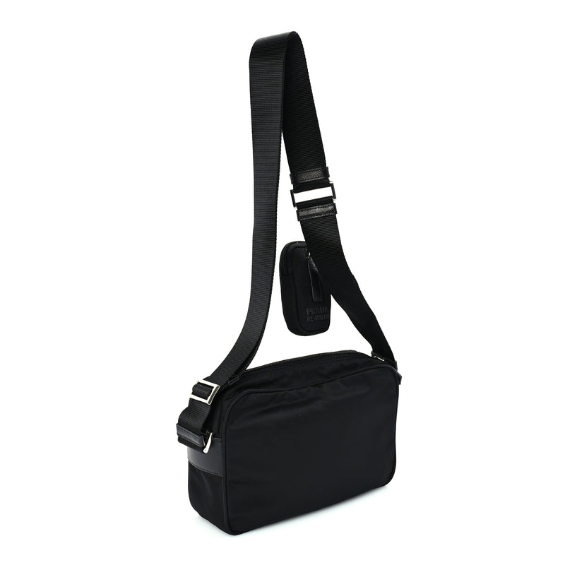  Prada Re-Nylon Vela Saffiano Pocket Double Zip Shoulder Bag  Black