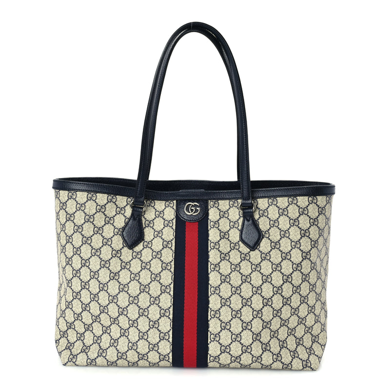  Gucci GG Supreme Monogram Textured Calfskin Web Medium Ophidia Shopping Tote Beige Blue