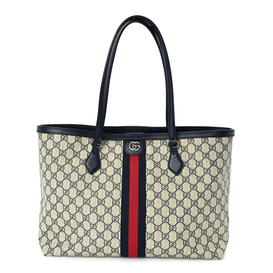 Gucci GG Supreme Monogram Textured Calfskin Web Medium Ophidia Shopping Tote Beige Blue Image 1