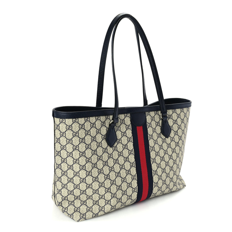 Gucci GG Supreme Monogram Textured Calfskin Web Medium Ophidia Shopping Tote Beige Blue Image 2