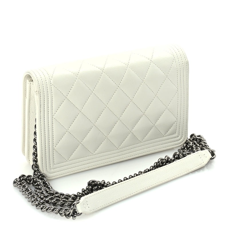  Chanel Caviar Quilted Boy Wallet On Chain WOC White
