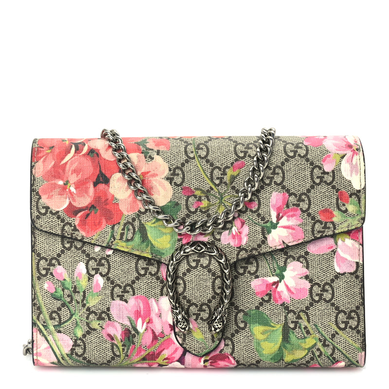  Gucci GG Supreme Monogram Blooms Mini Dionysus Chain Wallet Beige Multicolor Dry Rose