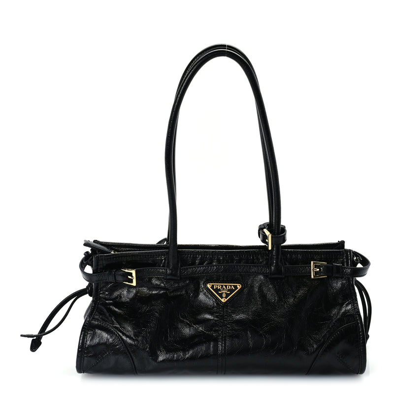  Prada Glossy Calfskin Triangle Medium Bonnie Shoulder Bag Black