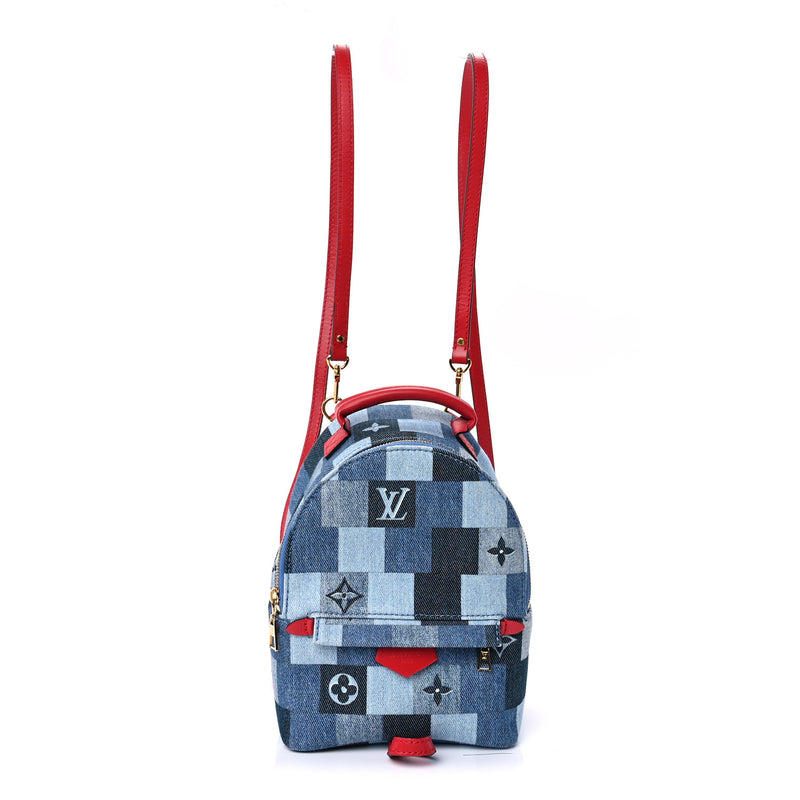  Louis Vuitton Denim Damier Monogram Patchwork Palm Springs Backpack Mini Blue Rouge