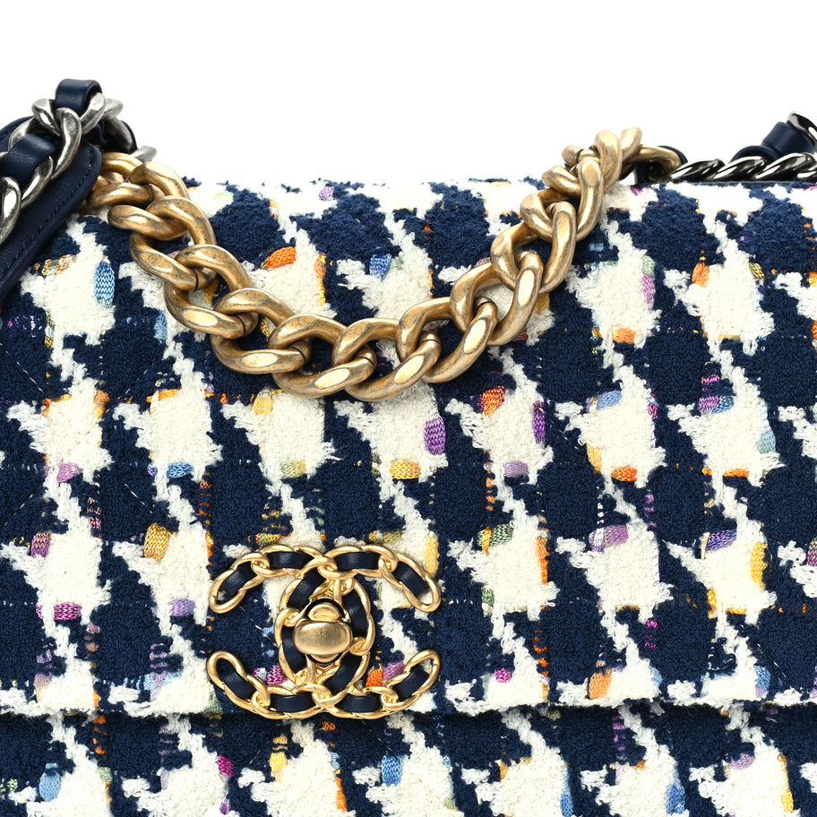 Chanel Tweed Quilted Medium 19 Flap Ecru Navy Blue Multicolor Image 7