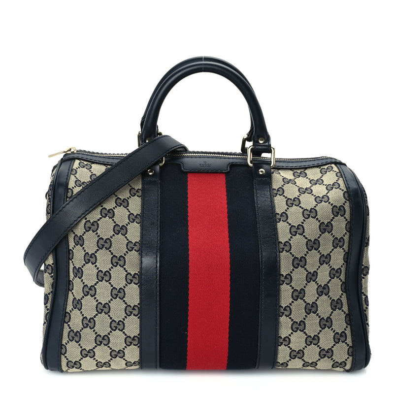  Gucci Monogram Selleria Calfskin Vintage Web Medium Boston Beige Blue