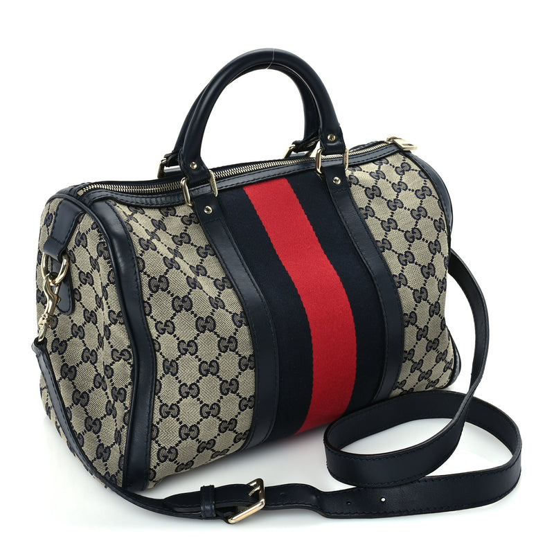  Gucci Monogram Selleria Calfskin Vintage Web Medium Boston Beige Blue