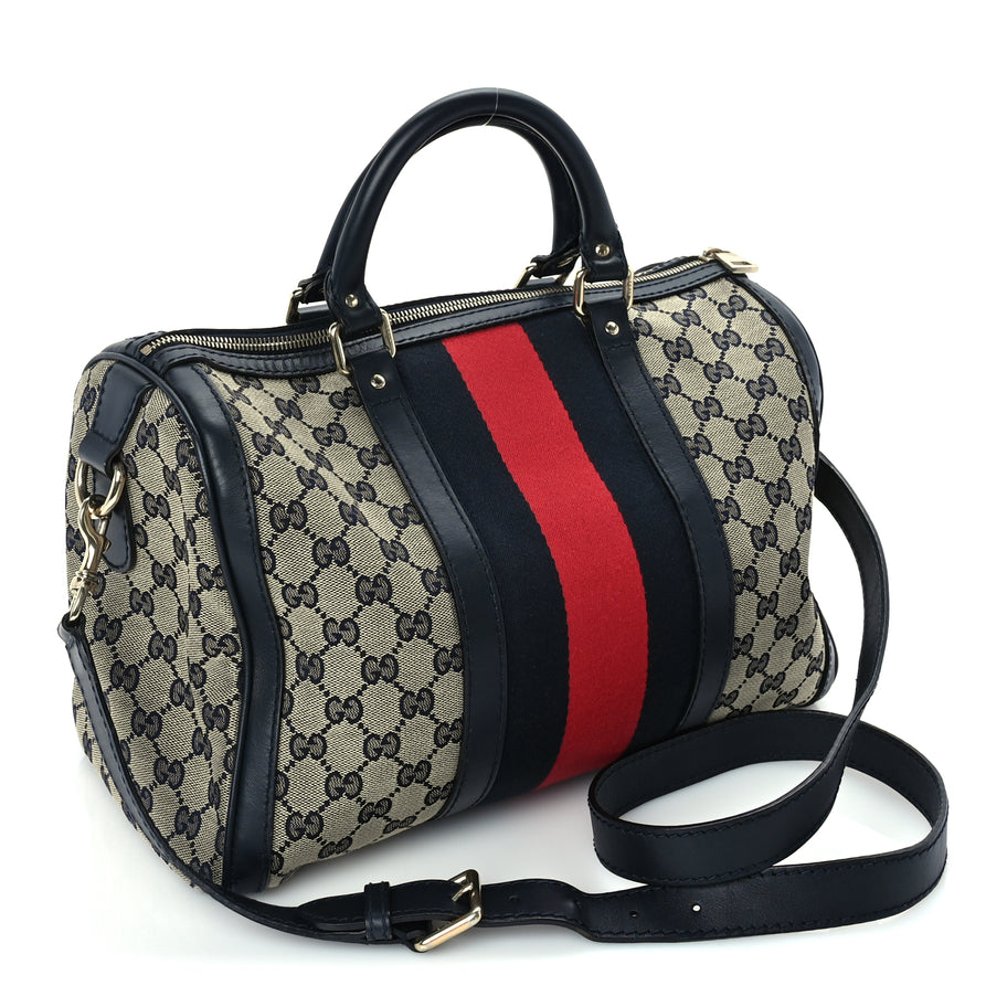 Gucci Monogram Selleria Calfskin Vintage Web Medium Boston Beige Blue Image 2