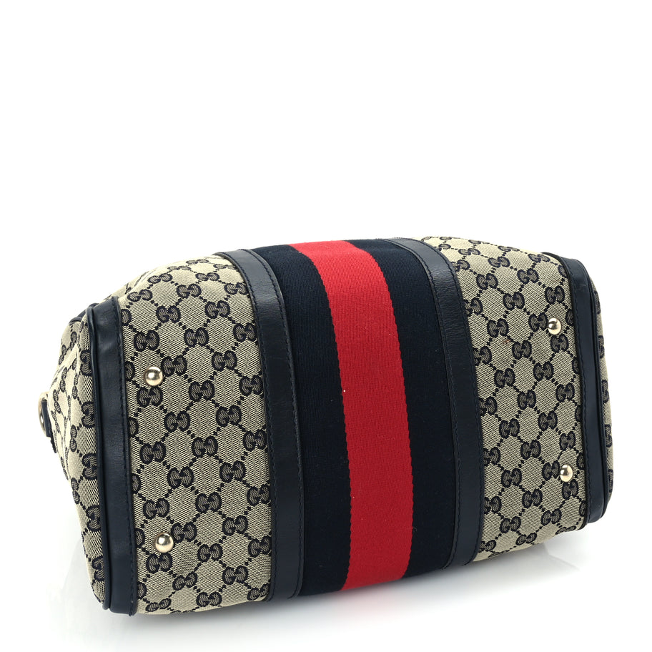 Gucci Monogram Selleria Calfskin Vintage Web Medium Boston Beige Blue Image 3
