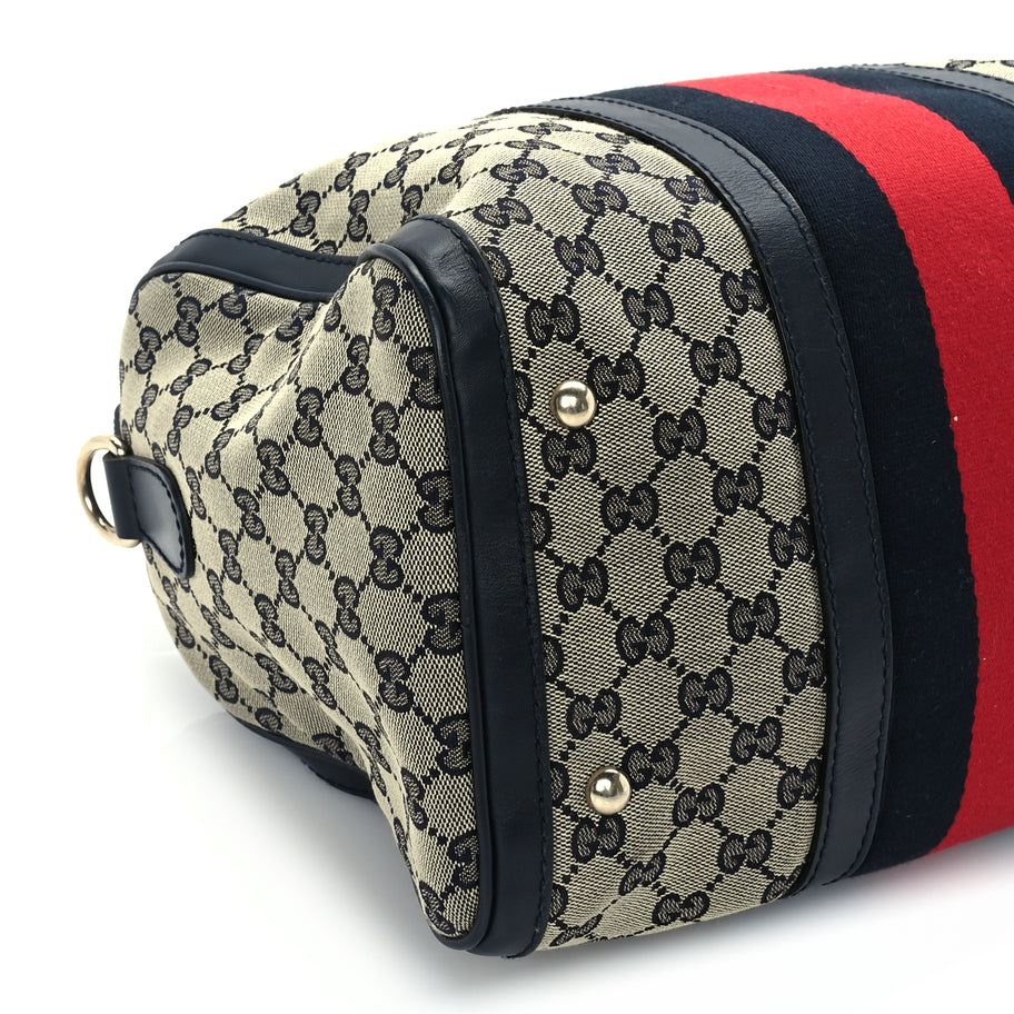 Gucci Monogram Selleria Calfskin Vintage Web Medium Boston Beige Blue Image 7