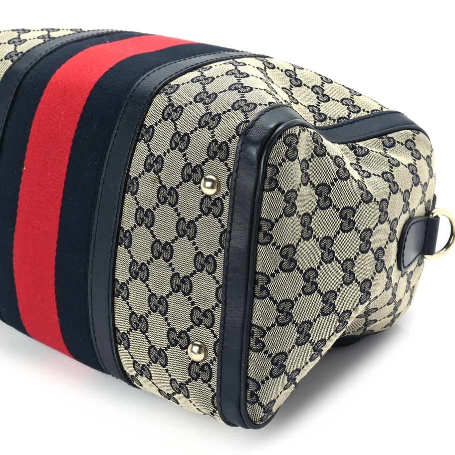 Gucci Monogram Selleria Calfskin Vintage Web Medium Boston Beige Blue Image 8