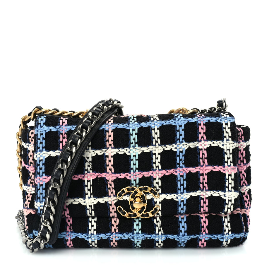 Chanel Tweed Quilted Medium 19 Flap Black Blue Pink Image 1