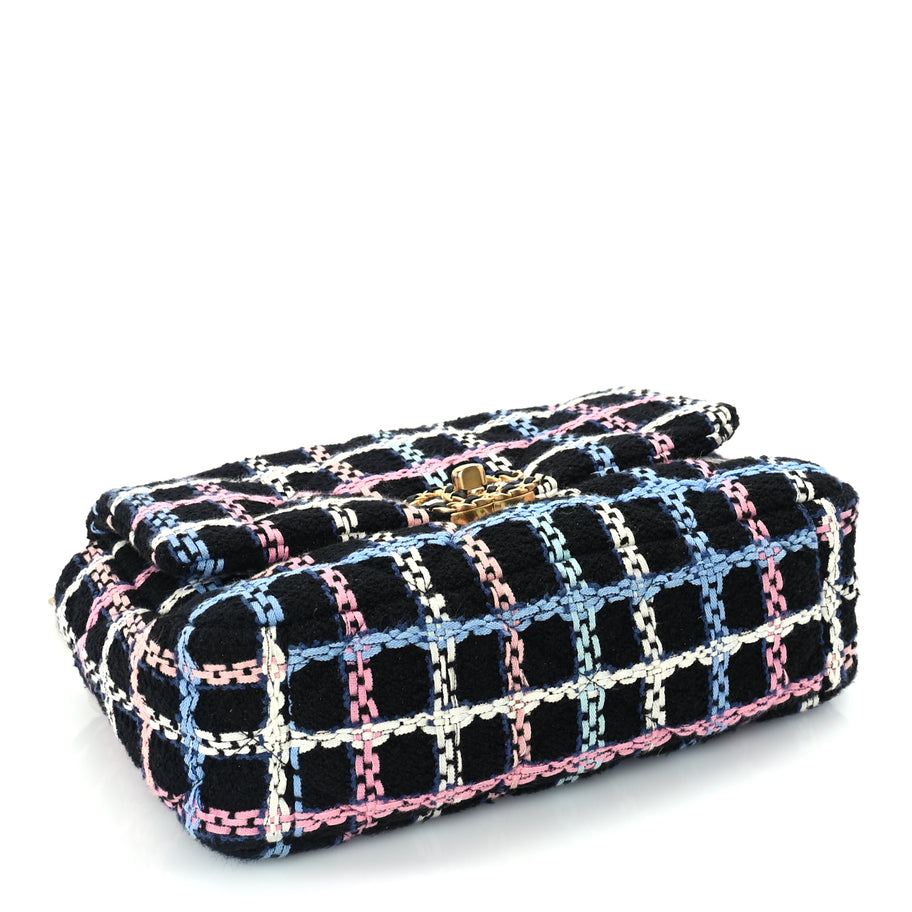 Chanel Tweed Quilted Medium 19 Flap Black Blue Pink Image 3