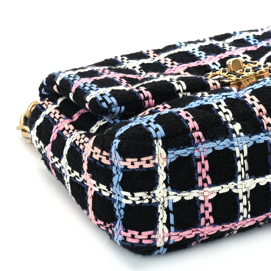Chanel Tweed Quilted Medium 19 Flap Black Blue Pink Image 8
