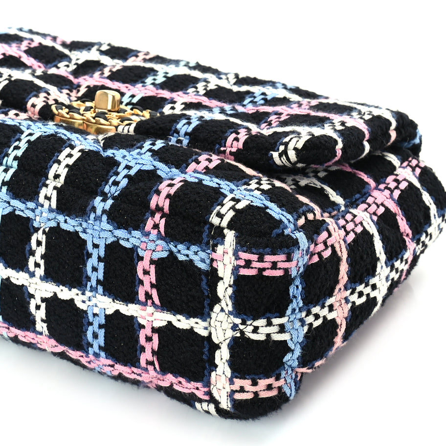Chanel Tweed Quilted Medium 19 Flap Black Blue Pink Image 9