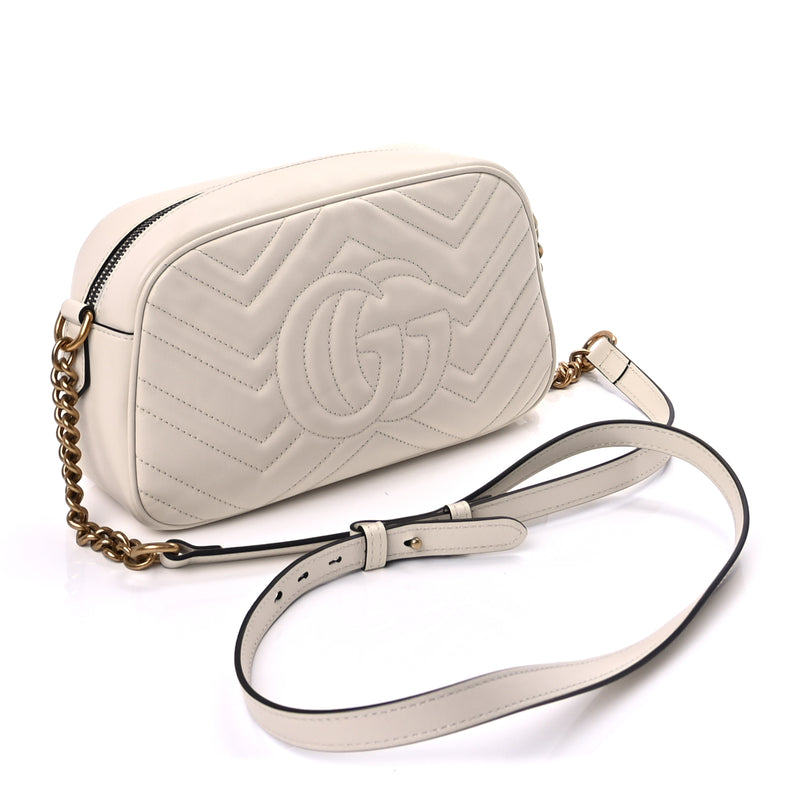  Gucci Calfskin Matelasse Small GG Marmont Chain Shoulder Bag  White