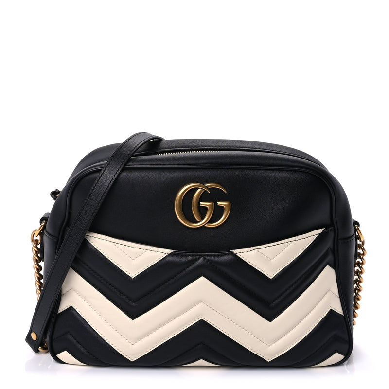  Gucci Calfskin Matelasse Medium GG Marmont Chain Shoulder Bag  Black White