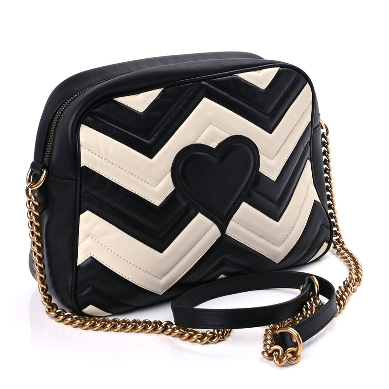  Gucci Calfskin Matelasse Medium GG Marmont Chain Shoulder Bag  Black White