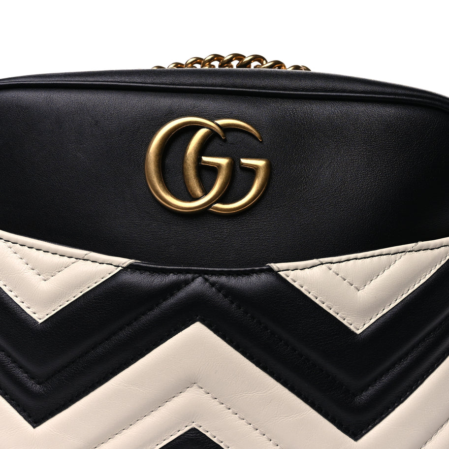 Gucci Calfskin Matelasse Medium GG Marmont Chain Shoulder Bag  Black White Image 6