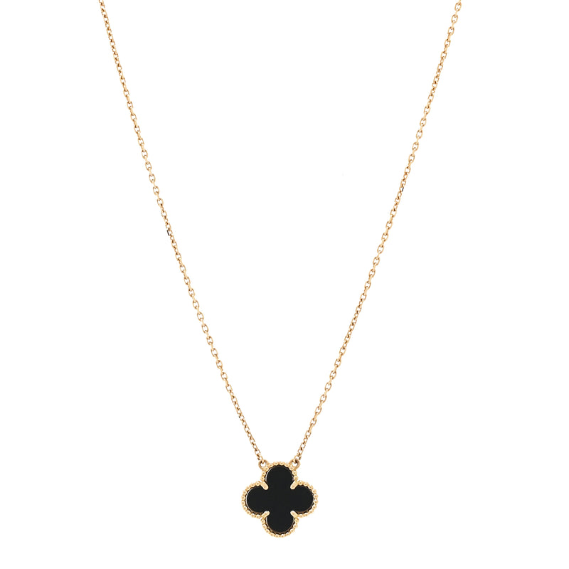  Van Cleef & Arpels 18K Yellow Gold Black Onyx Vintage Alhambra Pendant Necklace