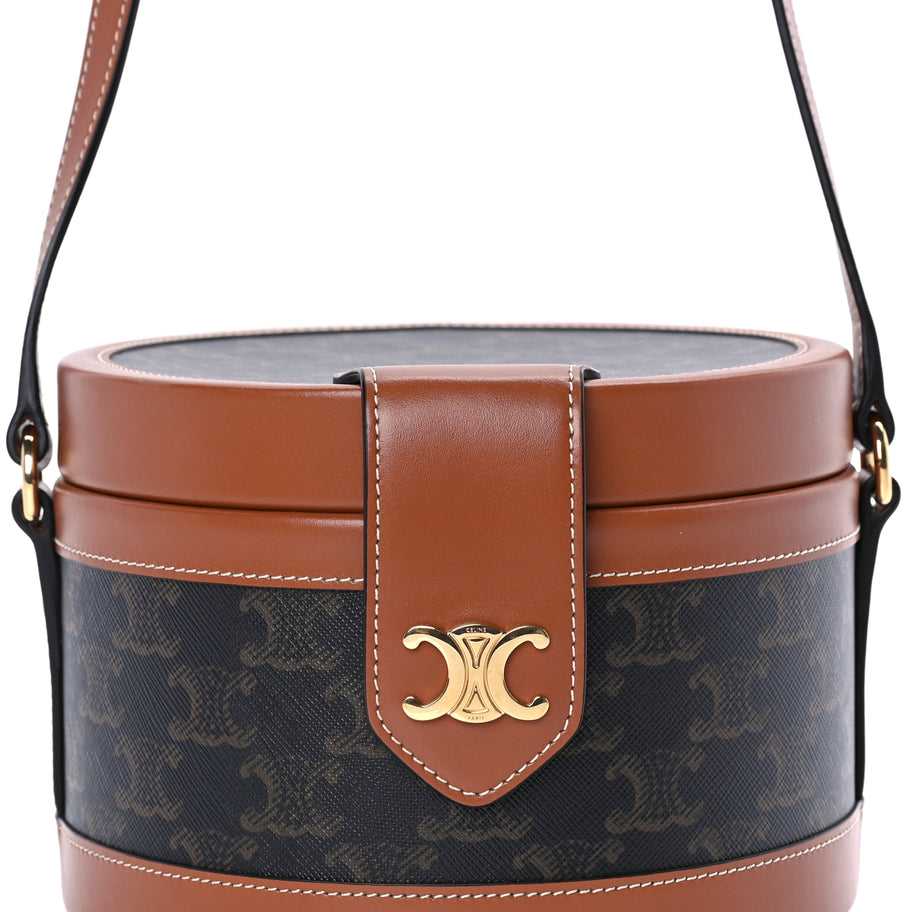 Celine Calfskin Triomphe Canvas Medium Tambour Bag Tan Image 7