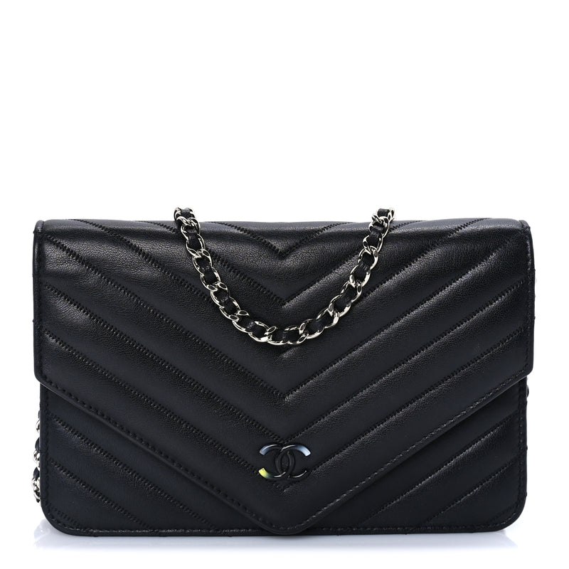  Chanel Sheepskin Chevron Wallet On Chain WOC Black