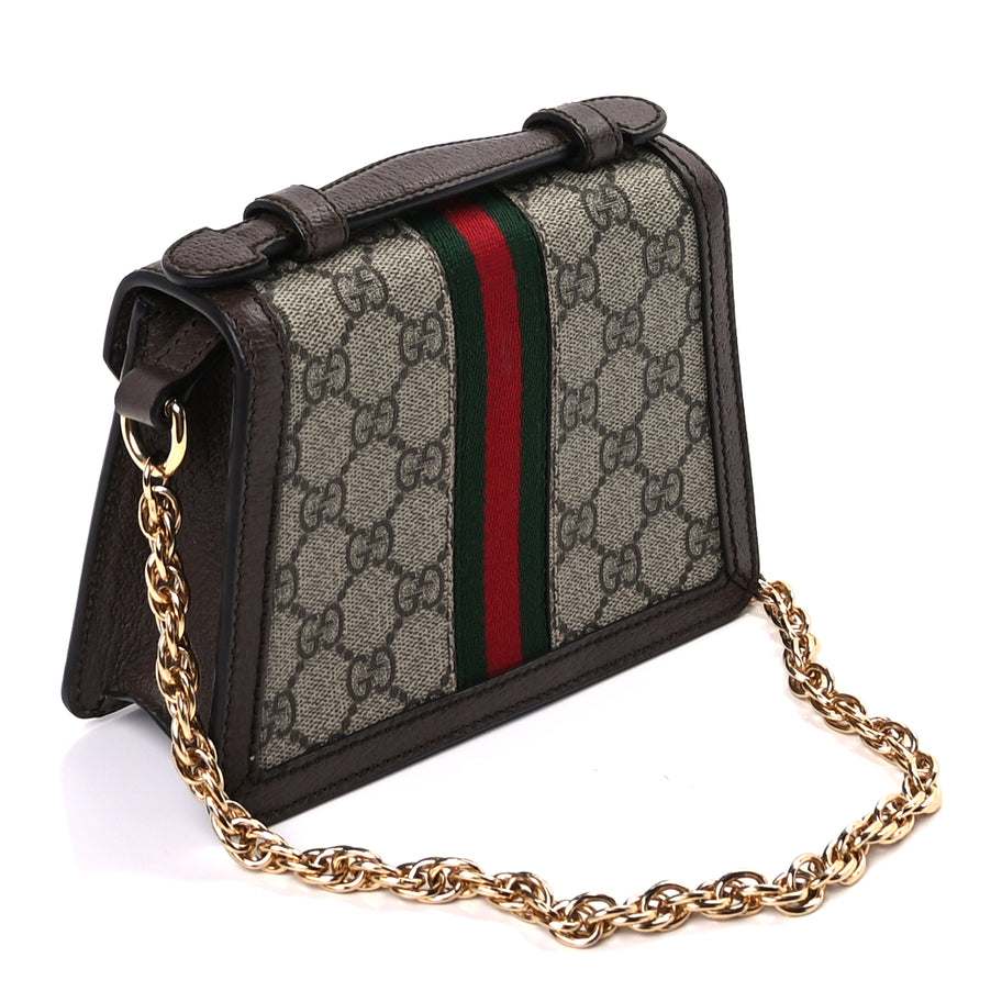 Gucci GG Supreme Monogram Textured Dollar Calfskin Web Mini Ophidia Padlock Top Handle Chain Shoulder Bag Beige Ebony New Acero Image 3