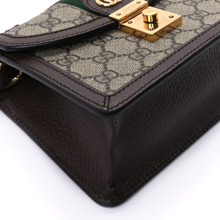 Gucci GG Supreme Monogram Textured Dollar Calfskin Web Mini Ophidia Padlock Top Handle Chain Shoulder Bag Beige Ebony New Acero Image 9