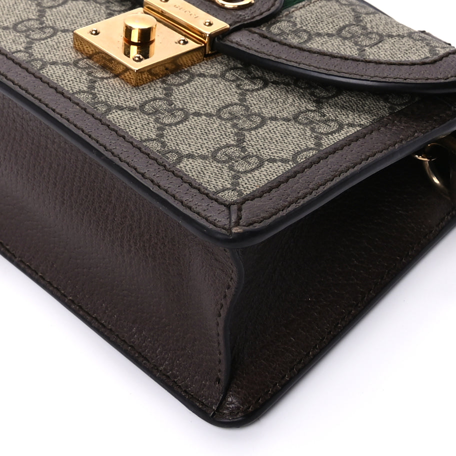 Gucci GG Supreme Monogram Textured Dollar Calfskin Web Mini Ophidia Padlock Top Handle Chain Shoulder Bag Beige Ebony New Acero Image 10