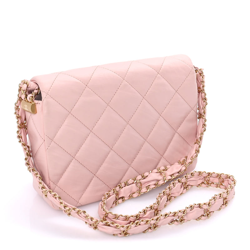  Chanel Crumpled Calfskin Quilted Braided CC Flap Light Pink